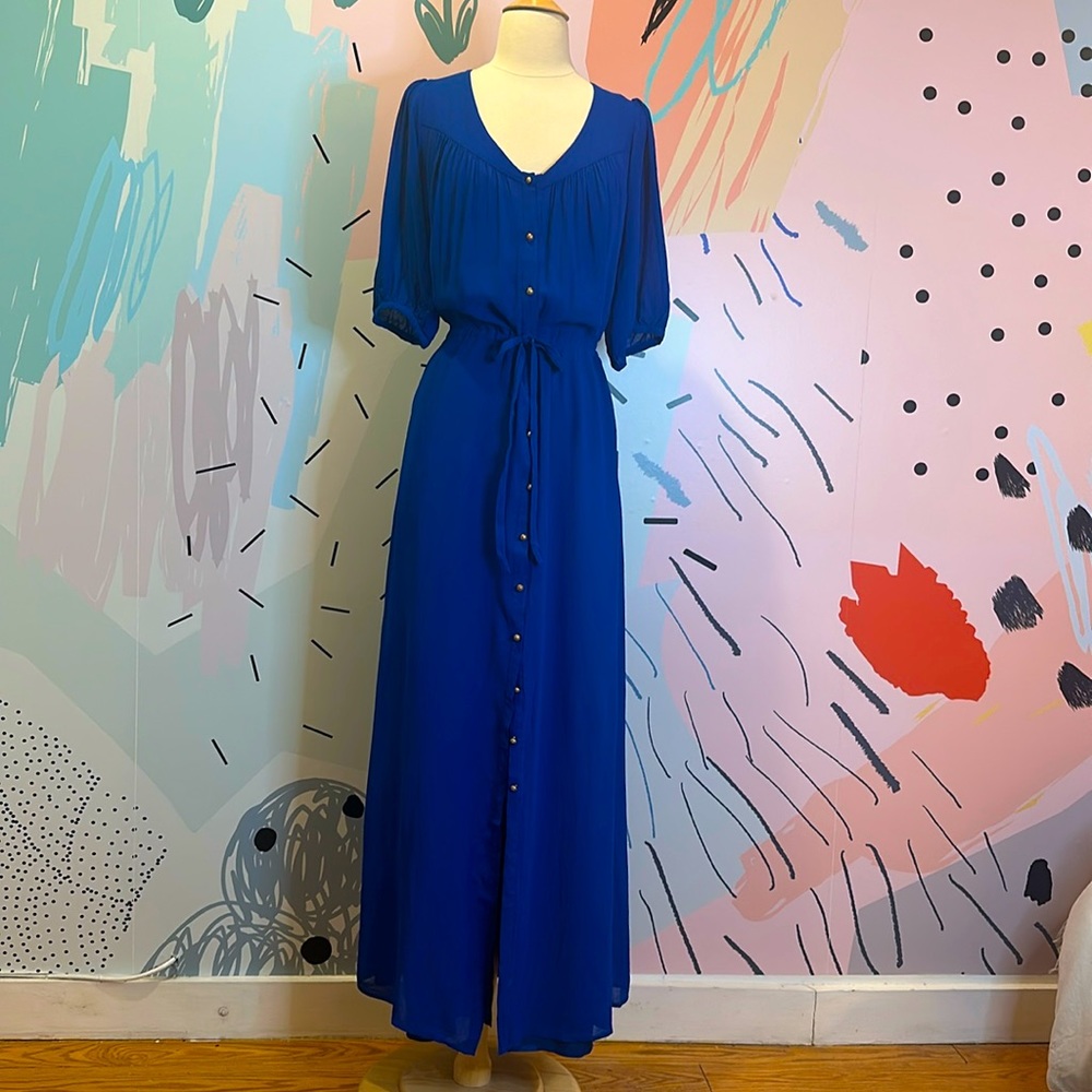 Anthropologie Royal Blue Crepe Semi-Sheer Maxi Dress with Satin Slip